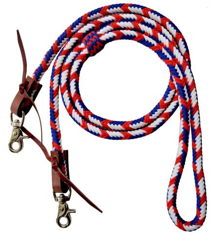Showman 8ft Red, White, and Blue braided nylon barrel reins with scissor snap ends